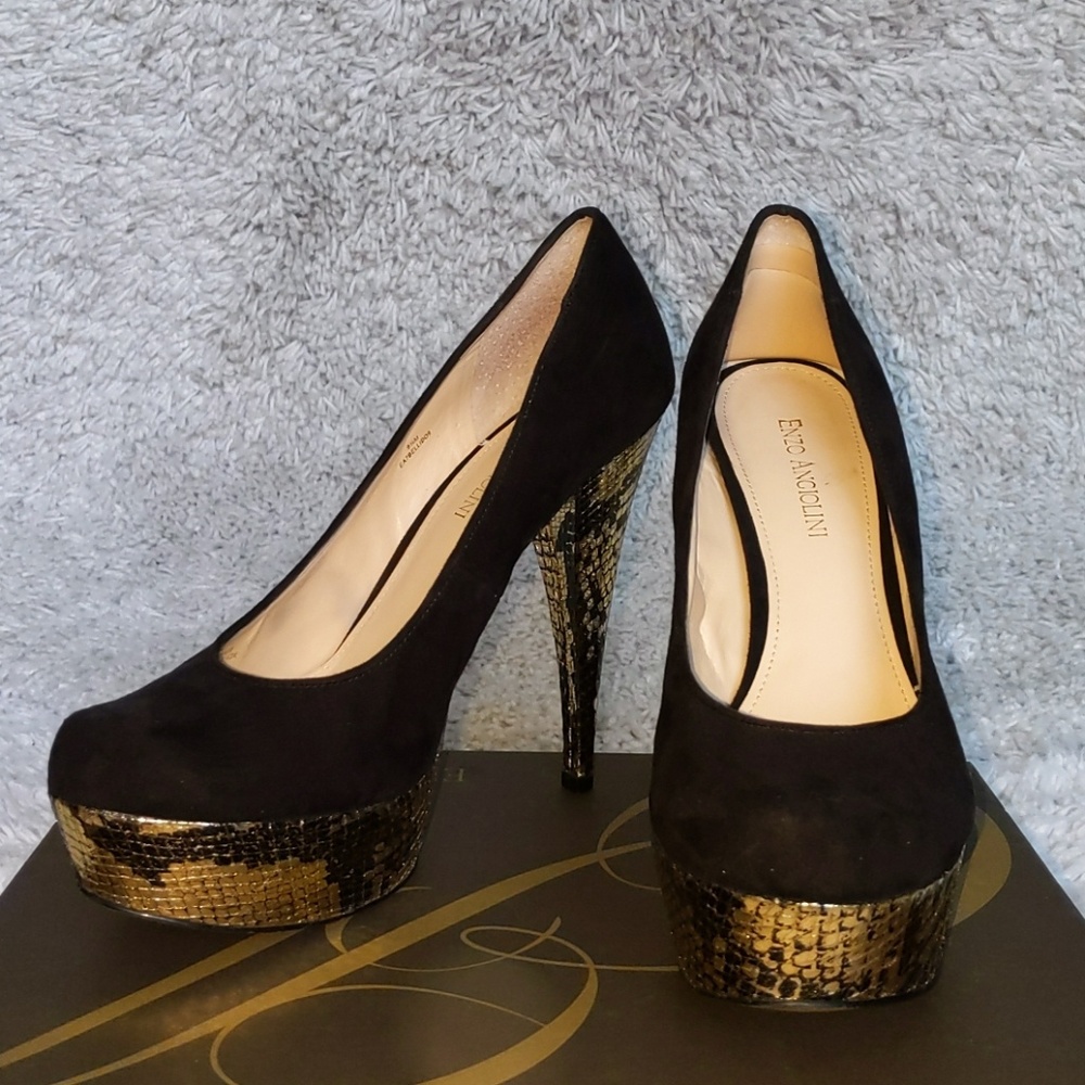 Enzo Angiolini Black Suede Snake Pumps